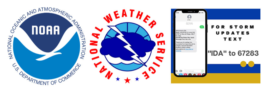 Logos of the National Oceanic and Atmospheric Administration (NOAA), National Weather Service, and a text message alert sign for storm updates.