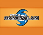 Logo for 'Get a Game Plan', featuring a stylized blue cyclone and text on an orange background.